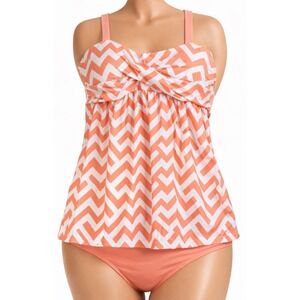 Womens Chevron Tankini Set Swimsuit Large Neon Orange White Beach Tummy Control